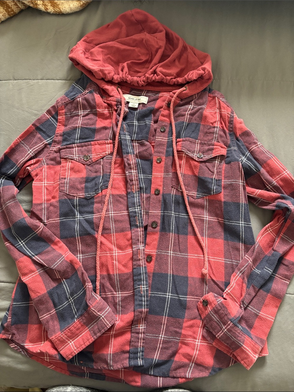 Adam Levine Collection Red and Navy Plaid Hooded Flannel Shirt